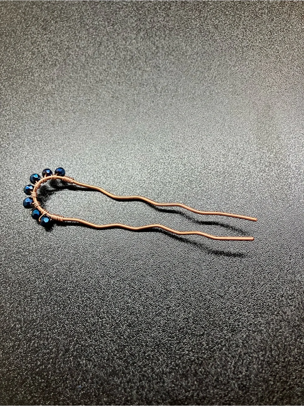 Handmade Copper Hair Pin/Fork with Dark Blue Crystal Beads